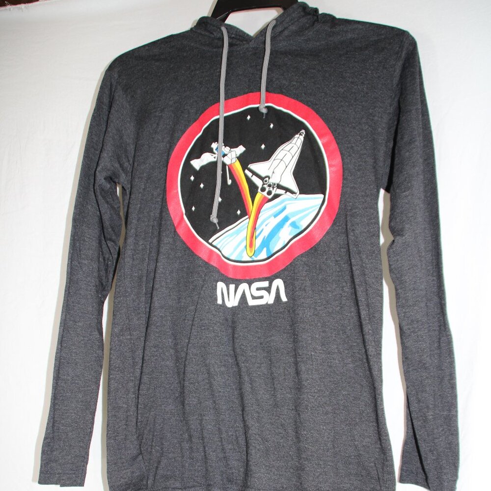 NASA Vintage Rocket Logo Long Sleeve Hooded Light Weight Shirt Size Small TeeLuv